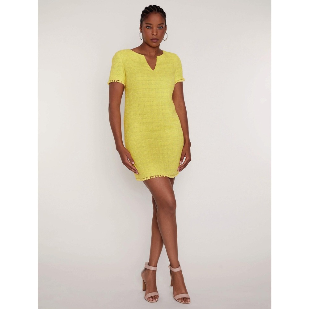 ALBERTO MAKALI Yellow Tweed Pom Pom V Neck Short Sleeve Dress Size M
